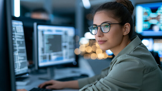 Database developer inspecting query logs and execution plans on a desktop monitor, SQL optimization, database troubleshooting, performance tuning, application reliability, backend