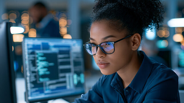 Database developer inspecting query logs and execution plans on a desktop monitor, SQL optimization, database troubleshooting, performance tuning, application reliability, backend
