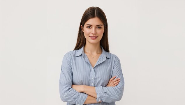 A woman standing with her arms crossed, a confident and assertive pose
