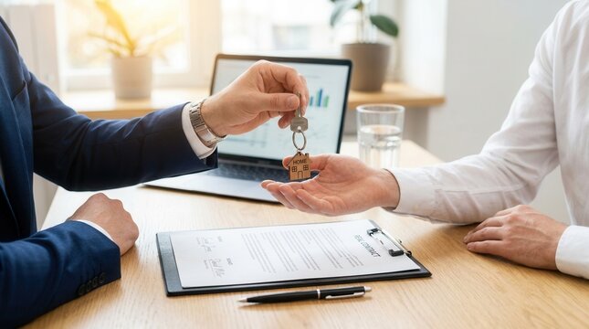 Landlord or property realtor giving house keys to a tenant or buyer, close up view.