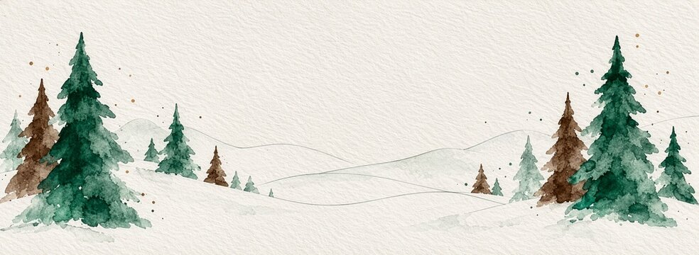 An artistic holiday background featuring silhouettes of Christmas trees, created with delicate watercolor washes in emerald green and chocolate brown, set against a background with the texture of thic