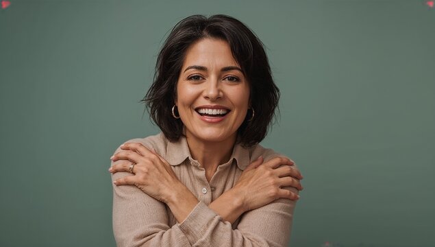 A smiling woman with her arms crossed, possibly showing confidence or relaxation