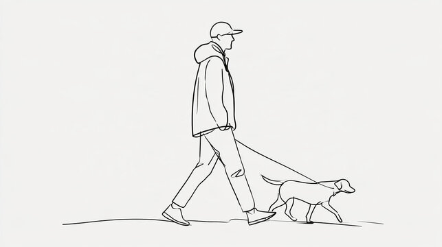 Minimalist continuous line art sketch of person walk dog on white base