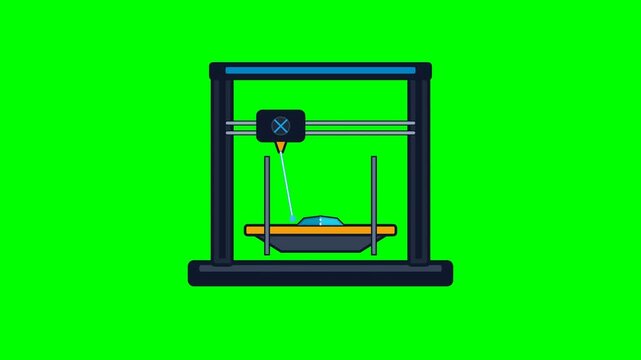 Digital illustration of a modern 3D printer manufacturing a new blue object against a bright green