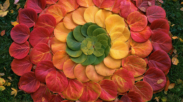 Colorful autumn leaves arranged in spiral mandala pattern on garden grass