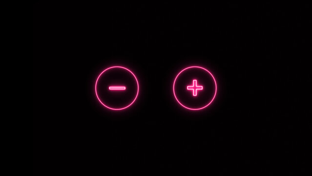 Glowing Pink Neon Plus and Minus Icons Inside Circles on Dark Black Background