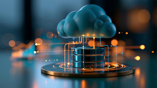 Cloud database infrastructure concept with distributed storage layers connected to analytics engines and business applications, secure data pipelines, scalable enterprise
