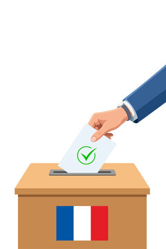 Hand putting ballot paper into voting box with French flag. France democracy, voting, presidential election campaign concept