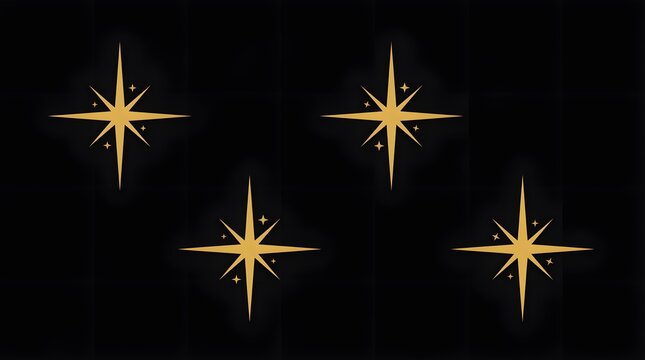 Four radiant golden starbursts shine brightly against a dark black backdrop forming an elegant celestial design perfect for various creative projects