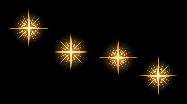 A set of four radiant golden starbursts and brilliant sparkling light effects are isolated on a dark black backdrop for various design applications