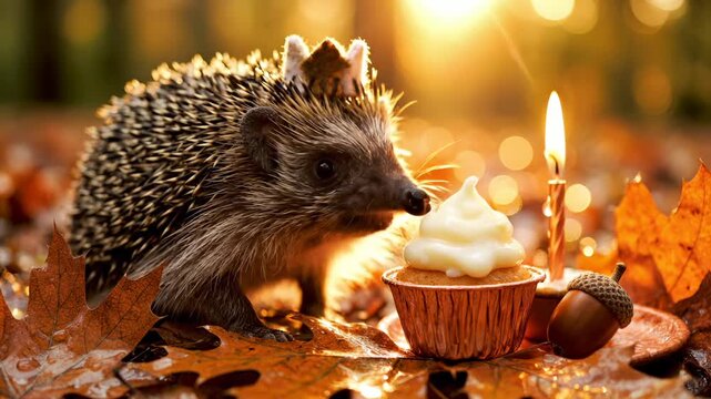 Cute hedgehog with crown stands near birthday cupcake. Hedgehog celebrates birthday in autumn forest. Small hedgehog looks at sweet cupcake with candle. Birthday cupcake celebration for cute hedgehog.