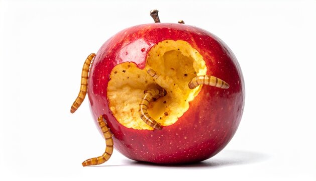 Wormy Red Apple with Crawling Mealworms Isolated on White Background
