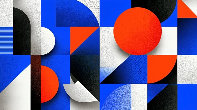 Bold Bauhaus geometric shapes in blue orange and red for modern branding and poster design.