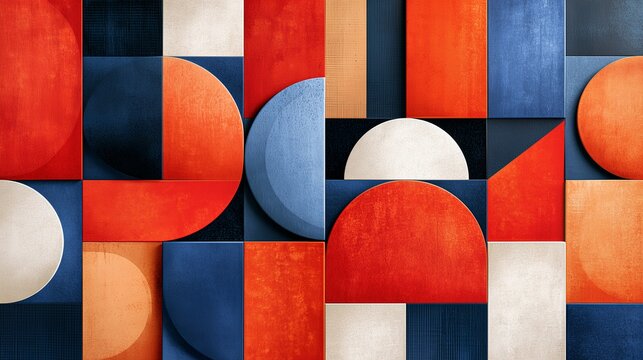 Warm geometric composition of red orange and blue shapes for bold poster and branding design.