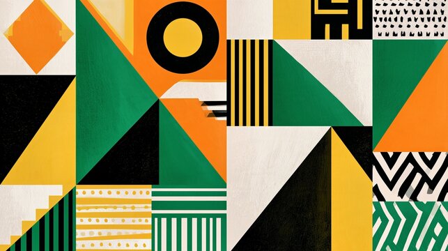 Playful multicolor geometric pattern with triangles circles and blocks for branding and textile design.