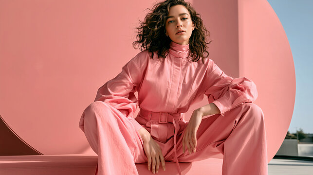 Stylish woman in a pink suit seated in a modern pink interior for fashion editorial use.