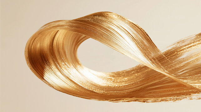 Twisted golden ribbon loop with glossy metallic highlights on beige for premium branding design.