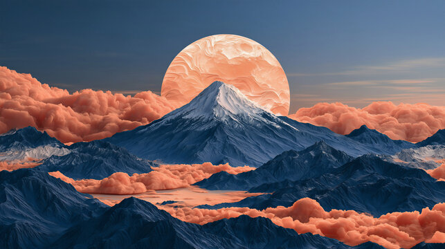 Glowing moon above rugged mountains in an orange and blue sky for dramatic landscape wallpaper.