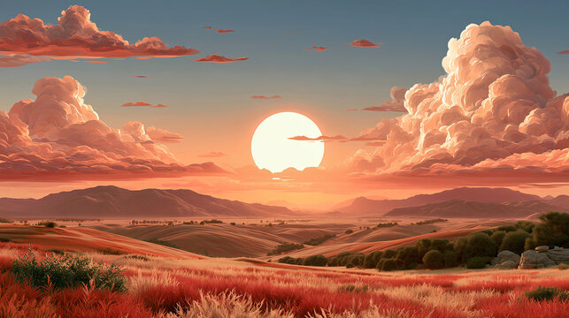 Low sun above a red landscape with dramatic clouds for warm travel editorial wallpaper.