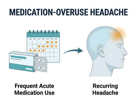 Medication overuse causing recurring headache illustration isolated on transparent background