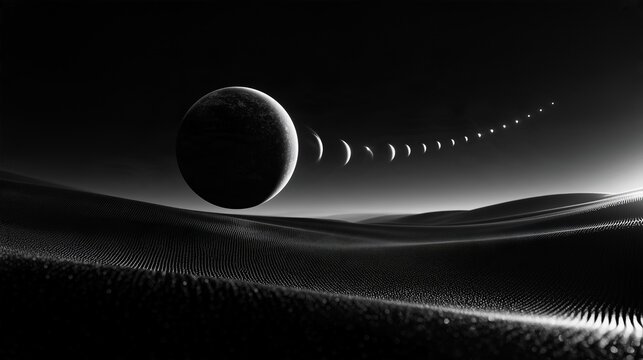 Dramatic black solar eclipse with glowing rings and stars in dark space for science editorial.
