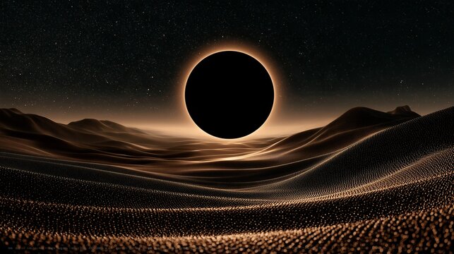 Golden desert landscape beneath a black solar eclipse with warm dunes for wallpaper and editorial.