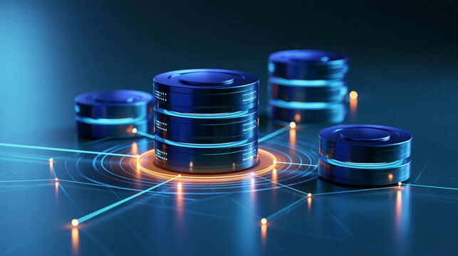 Cloud database architecture illustration showing distributed servers connected to structured relational tables, secure data synchronization, network nodes, scalable applications,