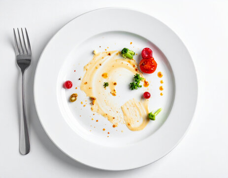Dirty plate with food leftovers after a delicious meal, white plate, white background, top view. AI