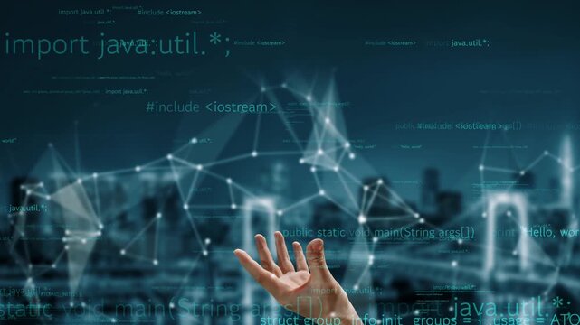 A striking image of a human hand reaching out towards a holographic display of digital data and code, set against a contemporary city backdrop, symbolizes technological advancement. Xenic