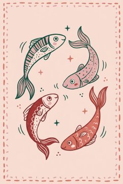 Folk art illustration of four swimming sardine fishes in a circle, pisces zodiac sign astrological concept, mediterranean linocut style seafood vector design on pink background