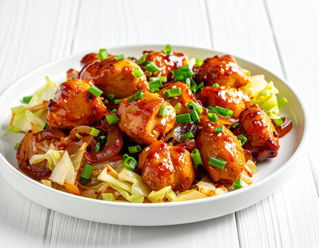 Glazed chicken with sauteed cabbage, onions, and garnished with scallions, white wooden background. AI