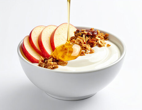 Vanilla yogurt bowl with granola, apple slices, and honey, white background. AI