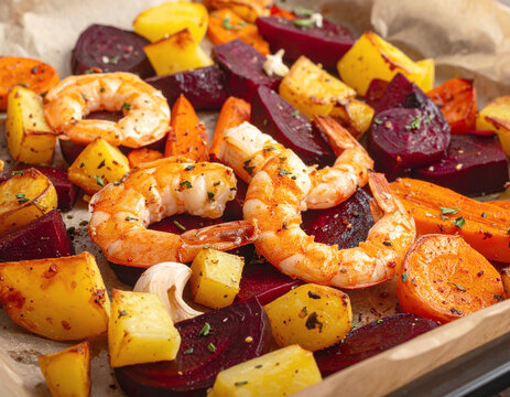 Roasted shrimp, beets, potatoes, carrots, sheet pan dinner. AI