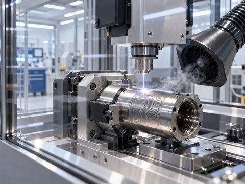 Precision laser engraving marks steel cylinder inside cleanroom. Machine head directs blue beam onto its surface while ventilation removes vapor, with workpiece held in metal fixture.