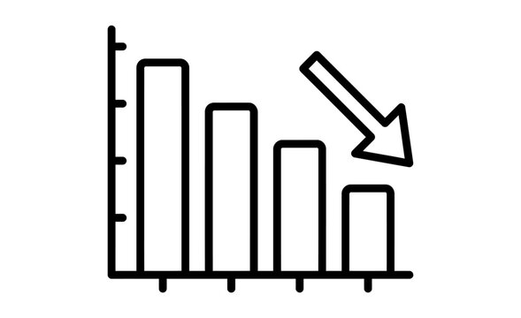 Line graph with descending bars and arrow depicts negative trend