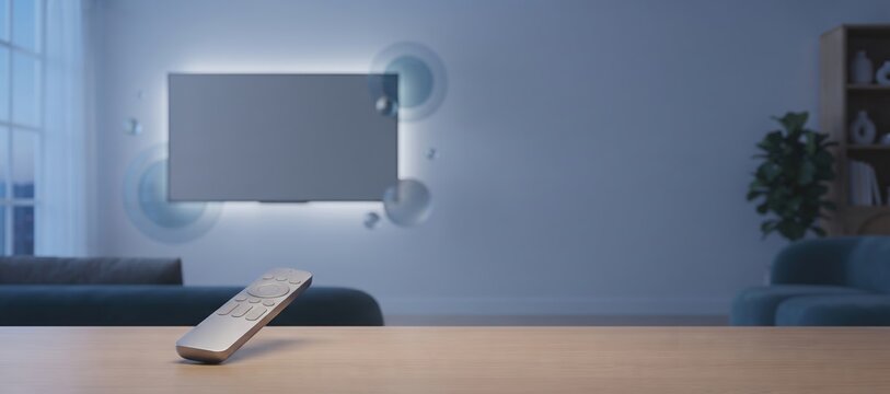 Modern remote control on wooden table in contemporary living room