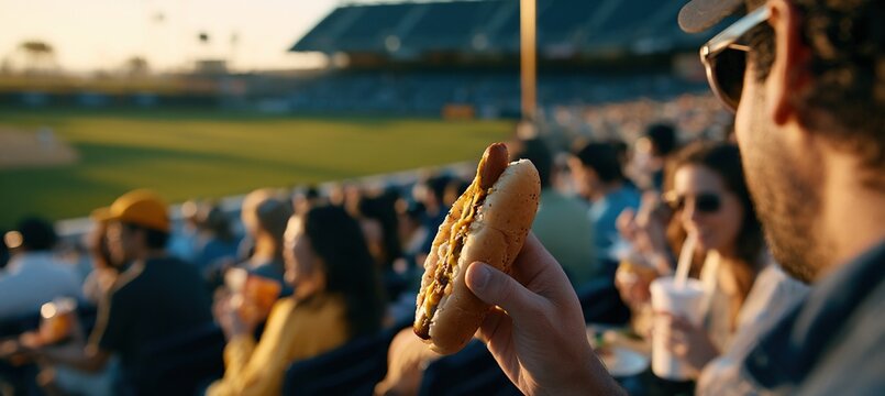 Baseball fans enjoying snacks in stadium during game day