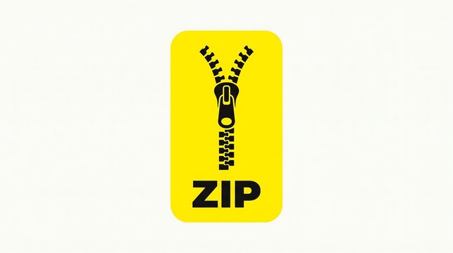 Bright yellow rectangular icon with a bold black zipper illustration, a modern graphic design element for digital interfaces and web applications, featuring the word "ZIP" in a clean sans-serif