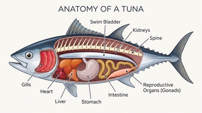 Anatomy of a Tuna Educational Fish Biology Chart, Internal Organs Diagram, Marine Science Educational Illustration
