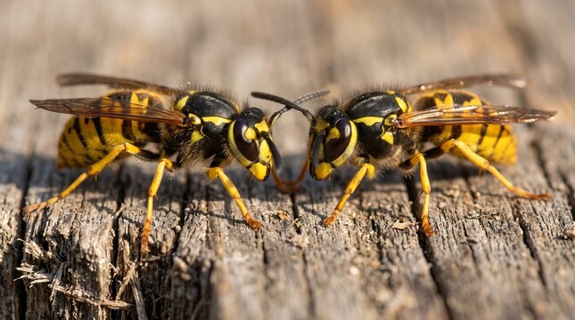 Macro photography of two yellowjacket wasps on wood, close up common wasp insects face to face, detailed wildlife nature photo