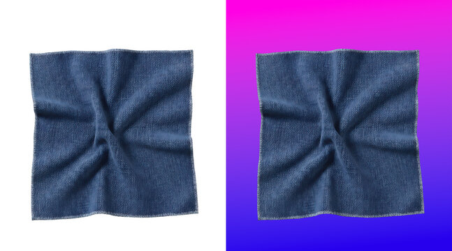 Square blue denim fabric napkin with frayed edges on a transparent white background, isolated
