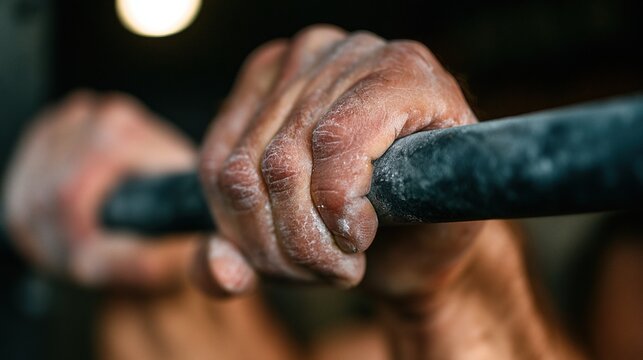 Chalked hands gripping pull - up bar under focused overhead light