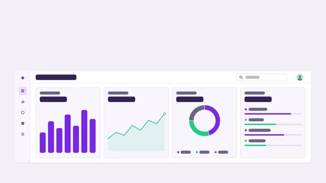 Seamless 4K looping user interface animation: dashboard charts loading light interface. Clean flat vector mockup with grey placeholder bars instead of text, in purple and violet on a light theme, leav