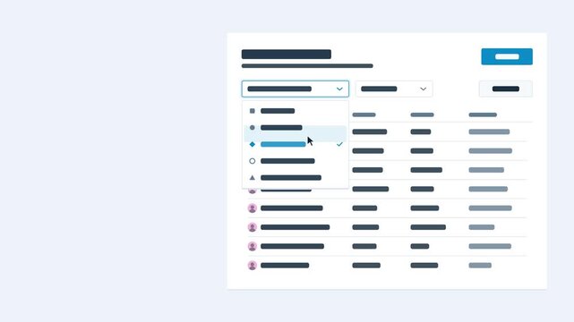 Seamless 4K looping user interface animation: dropdown menu opening light layout. Clean flat vector mockup with grey placeholder bars instead of text, in blue and azure on a light theme, leaving copy 