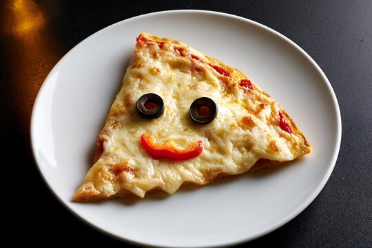 Halloween pizza slice with cheese arranged as ghost face (olive eyes, bell pepper mouth), white plate, dark background, warm light, fun meal