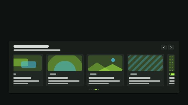 Seamless 4K looping user interface animation: cards carousel sliding dark interface. Clean flat vector mockup with grey placeholder bars instead of text, in green and emerald on a dark theme, leaving 