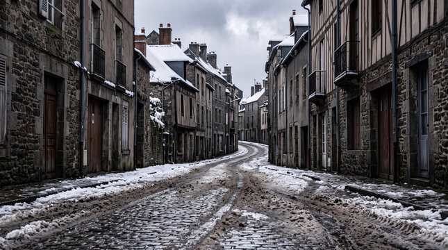 Snow covers a cobblestone street between stone buildings in a European town