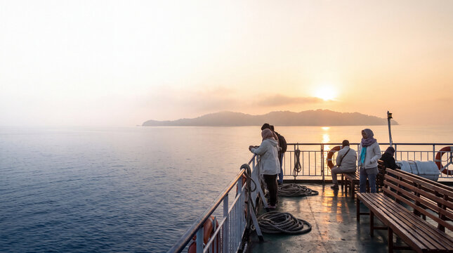 Passengers on boat deck looking across water at low sun