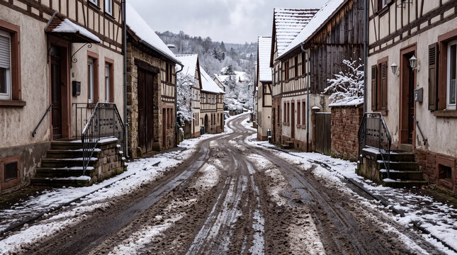 Snow-covered village street with half-timbered houses and muddy tracks in winter
