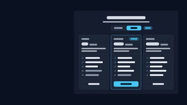 Animated segmented control switch dark layout drawn as a minimal interface mockup in blue and azure, dark mode. Smooth 4K seamless loop with blank placeholder content and room for your own copy. Wides